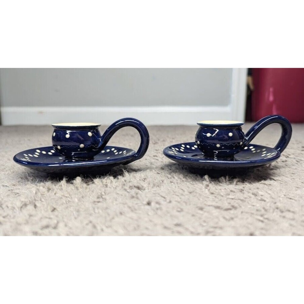 Set of 2 Echt Bergeler Candle Holder w/Handle Chamber Stick Pottery Navy Blue